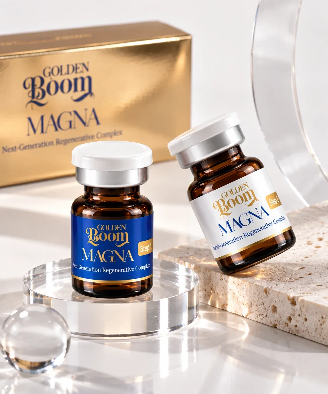 Golden Boom MAGNA vials in front of the gold box