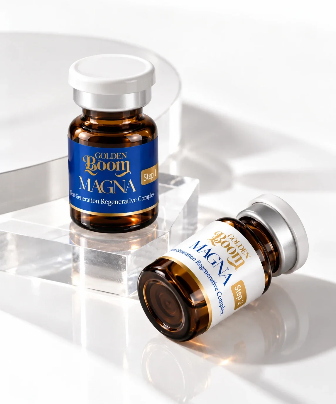 Golden Boom MAGNA vials on clear acrylic