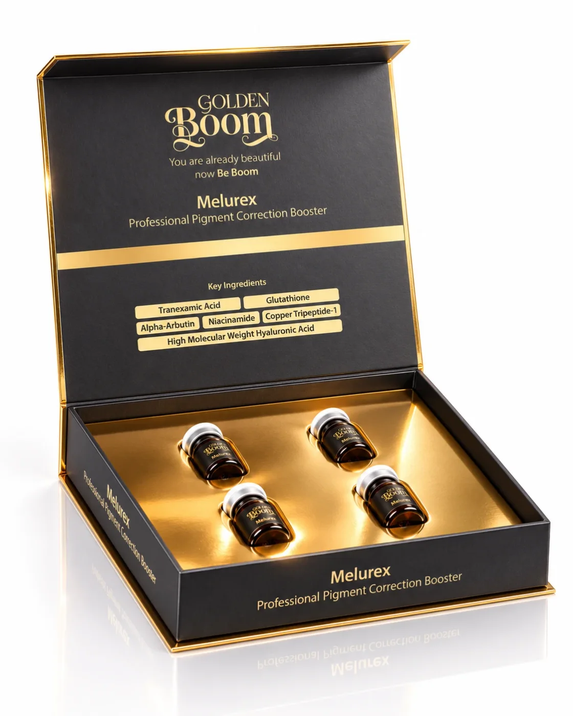 Golden Boom Melurex pigment correction booster open box with four vials and key ingredients