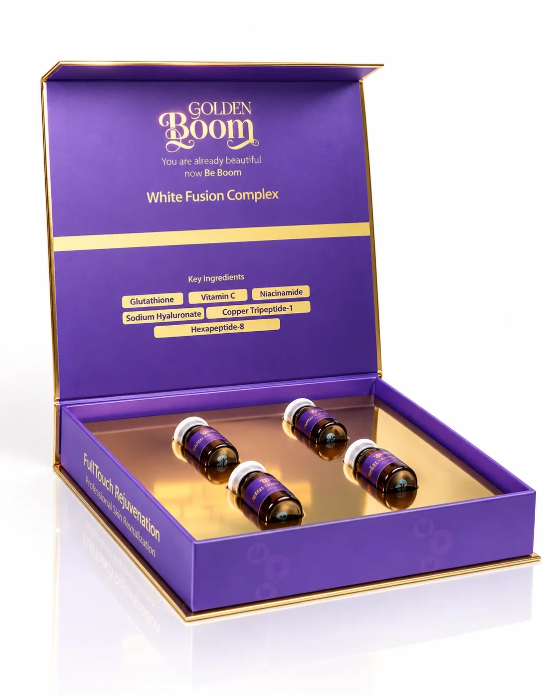 Golden Boom White Fusion Complex open box with four vials and key ingredients