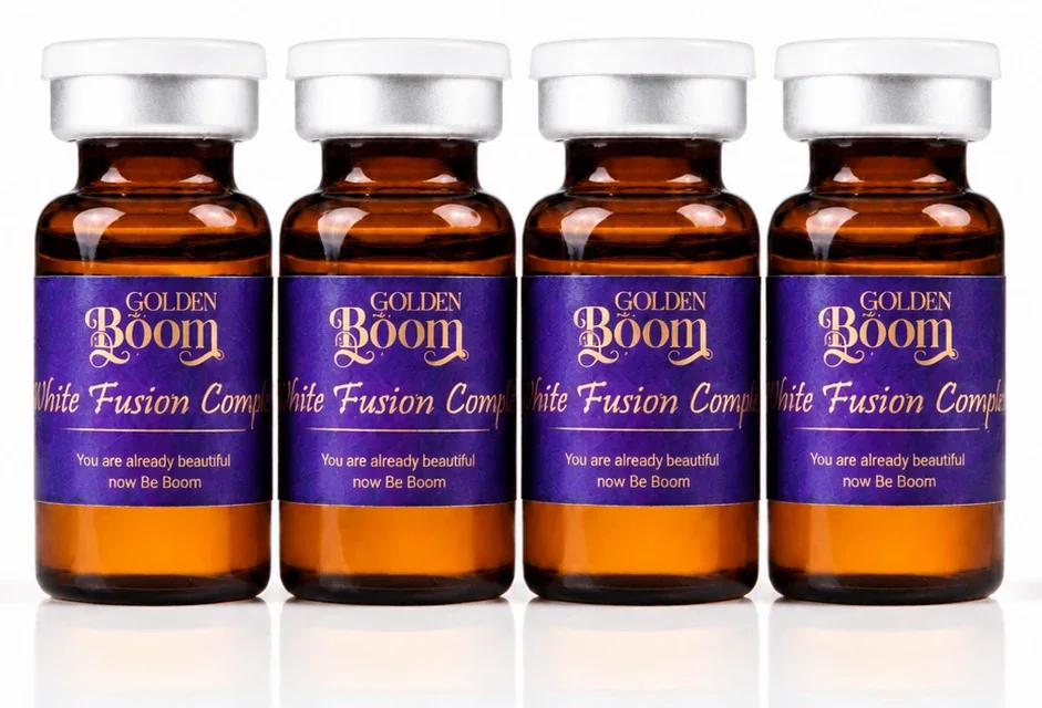 Four Golden Boom White Fusion Complex vials in a row